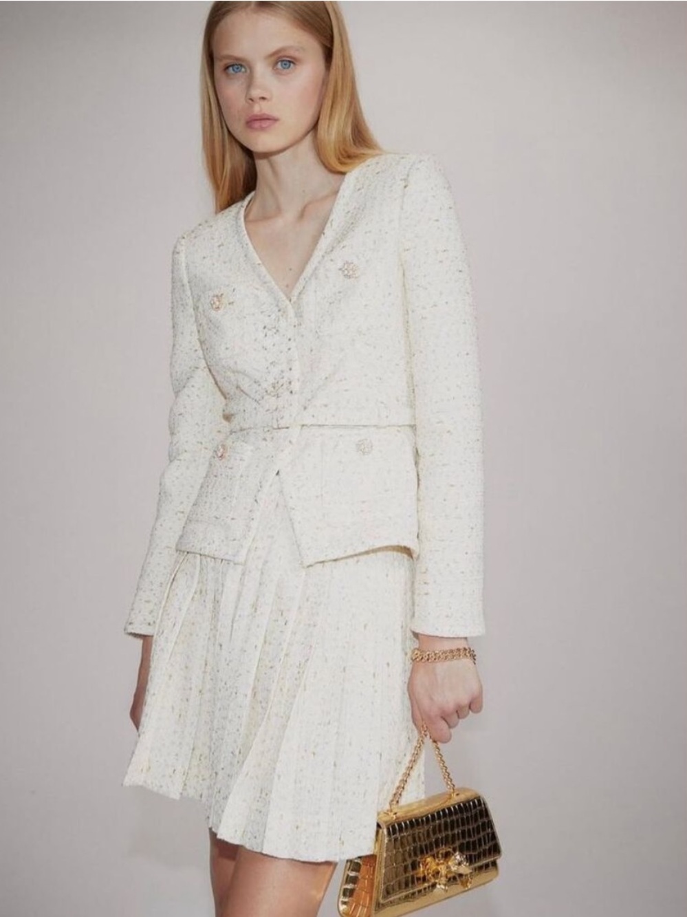 Self-Portrait 2 Cream Metallic Boucle Mini Jacket Dress